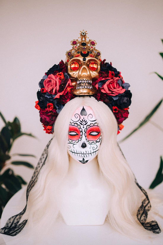 SALE La Catrina Crown, Día De Los Muertos Headdress, Colourful Skull Crown, Corona De Flores, Carnival Costume, Gothic Flower Headpiece