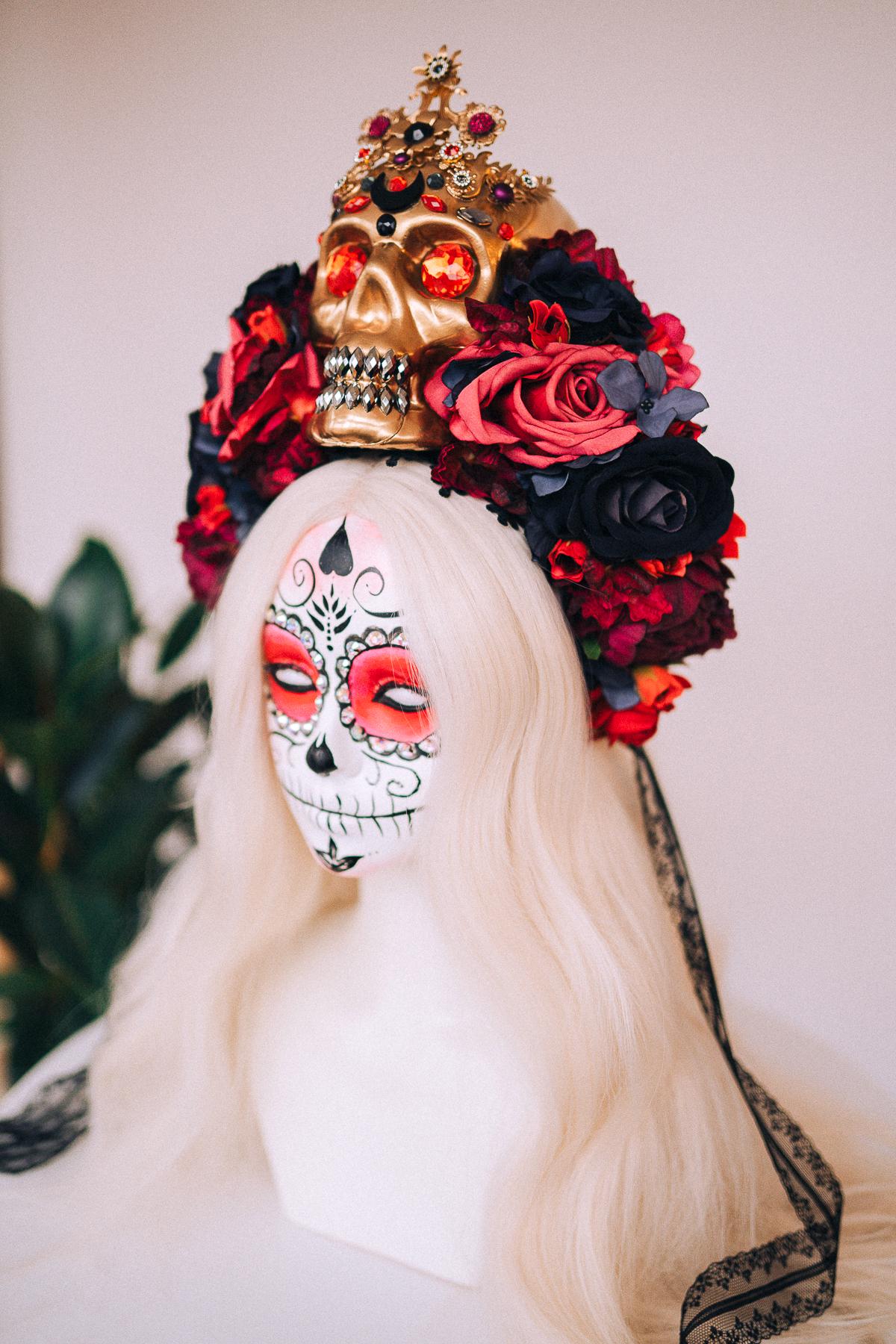 SALE La Catrina Crown, Día De Los Muertos Headdress, Colourful Skull Crown, Corona De Flores, Carnival Costume, Gothic Flower Headpiece