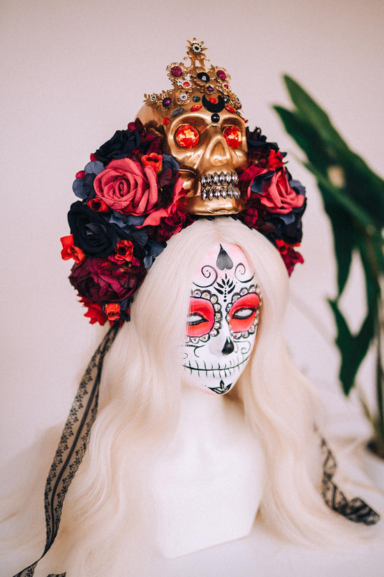 SALE La Catrina Crown, Día De Los Muertos Headdress, Colourful Skull Crown, Corona De Flores, Carnival Costume, Gothic Flower Headpiece