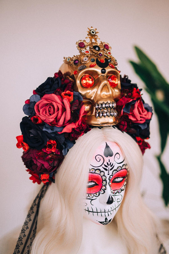 SALE La Catrina Crown, Día De Los Muertos Headdress, Colourful Skull Crown, Corona De Flores, Carnival Costume, Gothic Flower Headpiece
