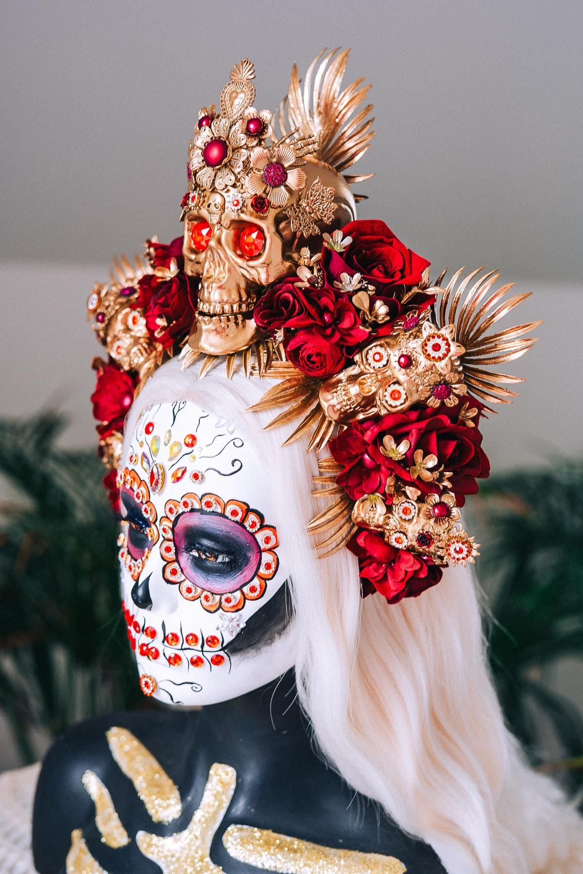 La Catrina Gold Skull Red Roses Halo Crown Sacred Heart Headpiece Dia De Los Muertos Floral Goddess Crown