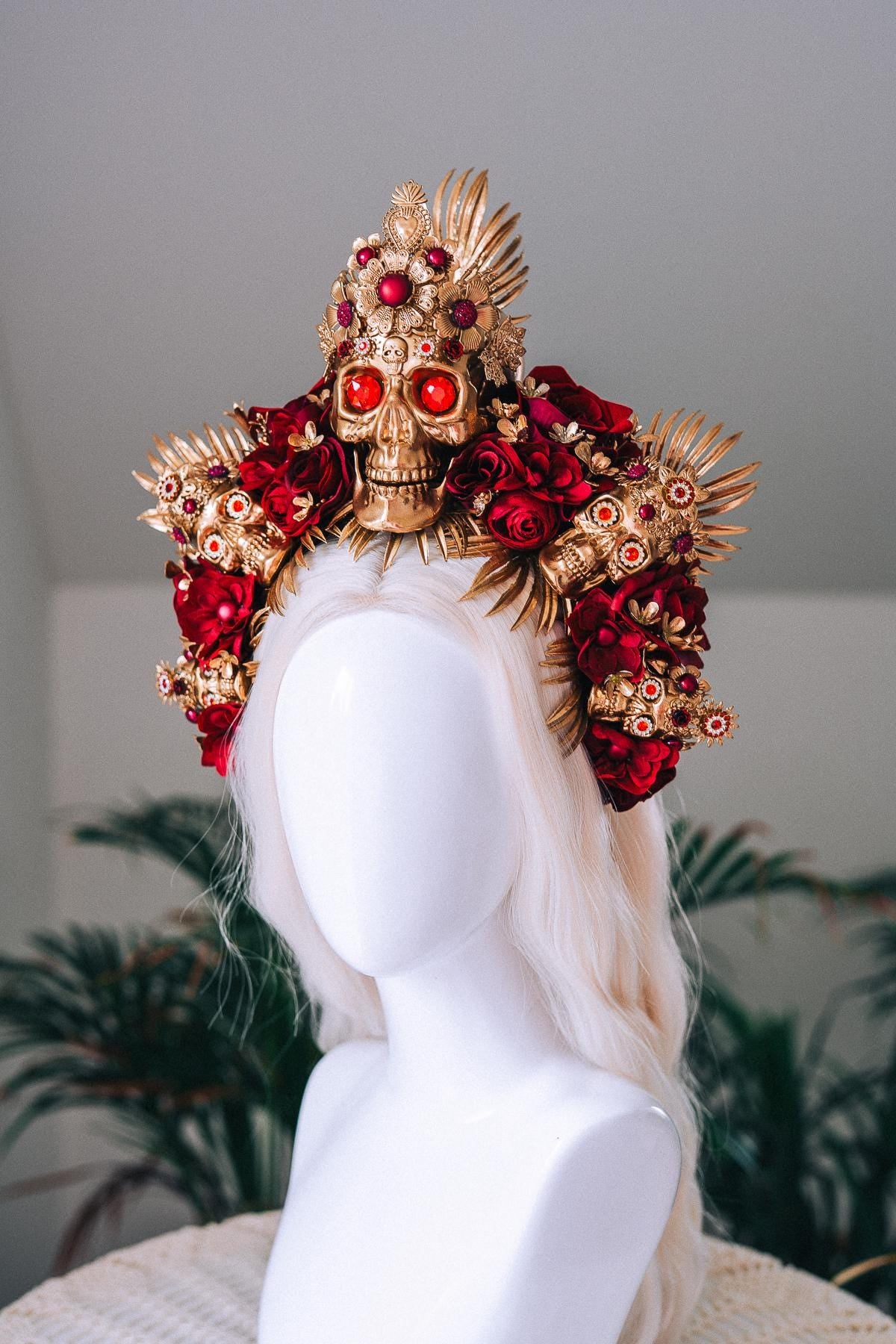 La Catrina Gold Skull Red Roses Halo Crown Sacred Heart Headpiece Dia De Los Muertos Floral Goddess Crown