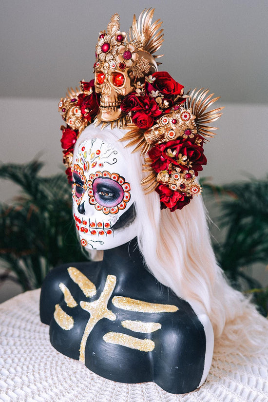 La Catrina Gold Skull Red Roses Halo Crown Sacred Heart Headpiece Dia De Los Muertos Floral Goddess Crown
