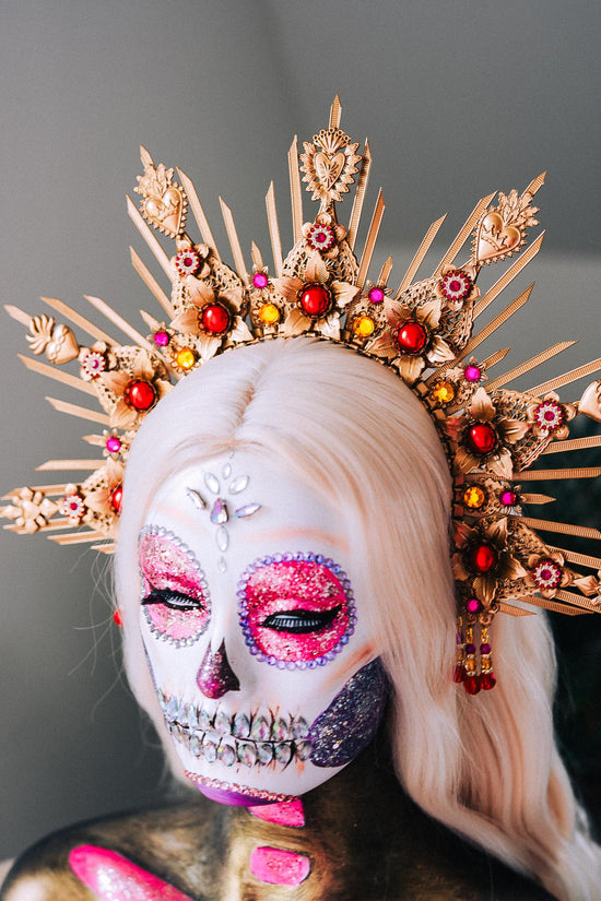La Catrina Gold Red Halo Crown Floral Headpiece Dia De Los Muertos Goddess Hairpin Set
