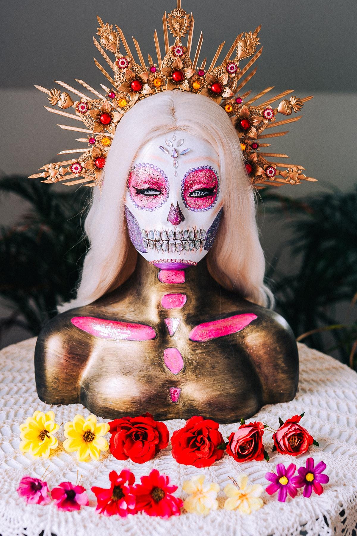 La Catrina Gold Red Halo Crown Floral Headpiece Dia De Los Muertos Goddess Hairpin Set