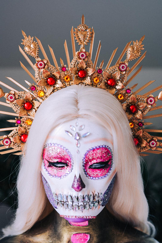 La Catrina Gold Red Halo Crown Floral Headpiece Dia De Los Muertos Goddess Hairpin Set
