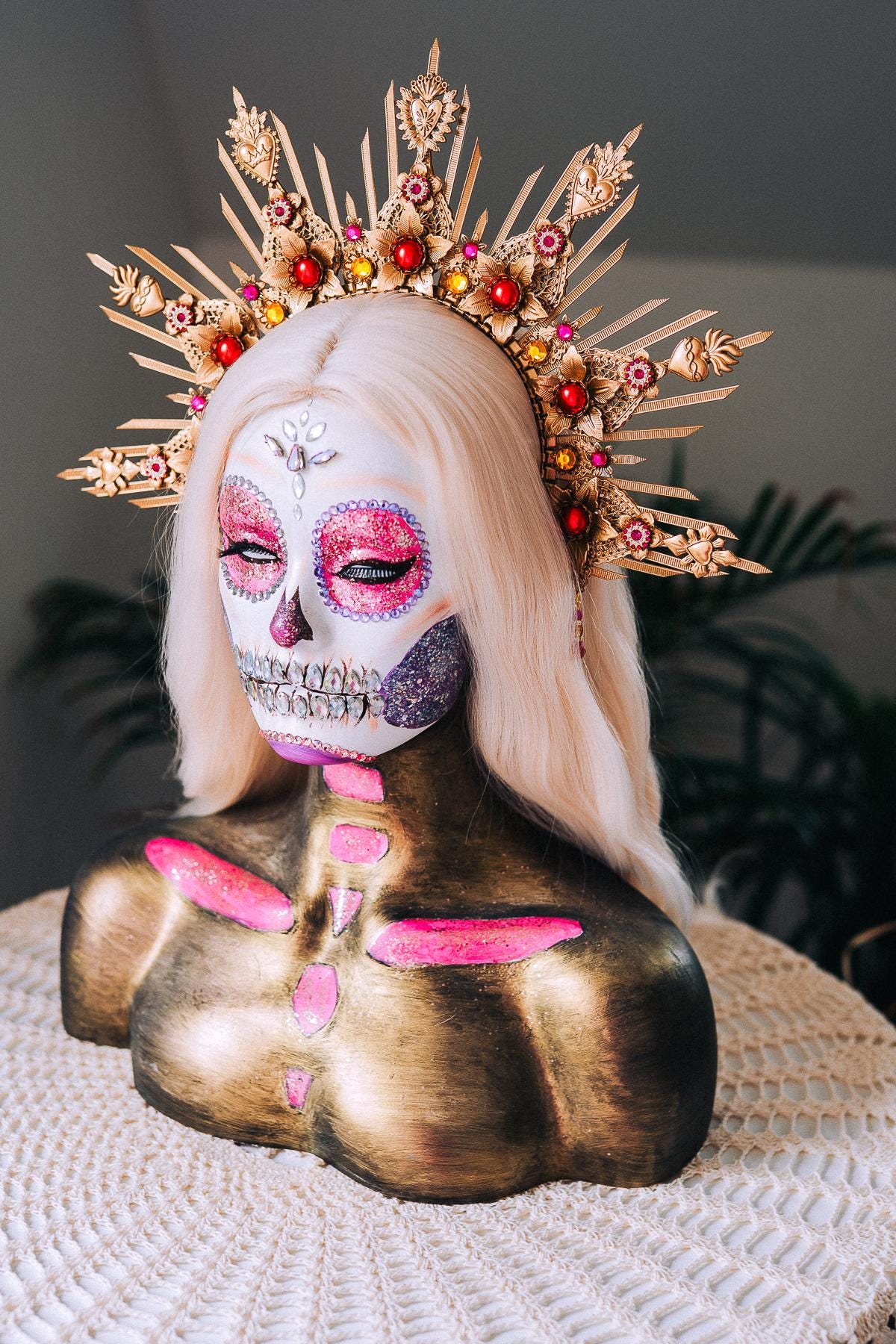 La Catrina Gold Red Halo Crown Floral Headpiece Dia De Los Muertos Goddess Hairpin Set