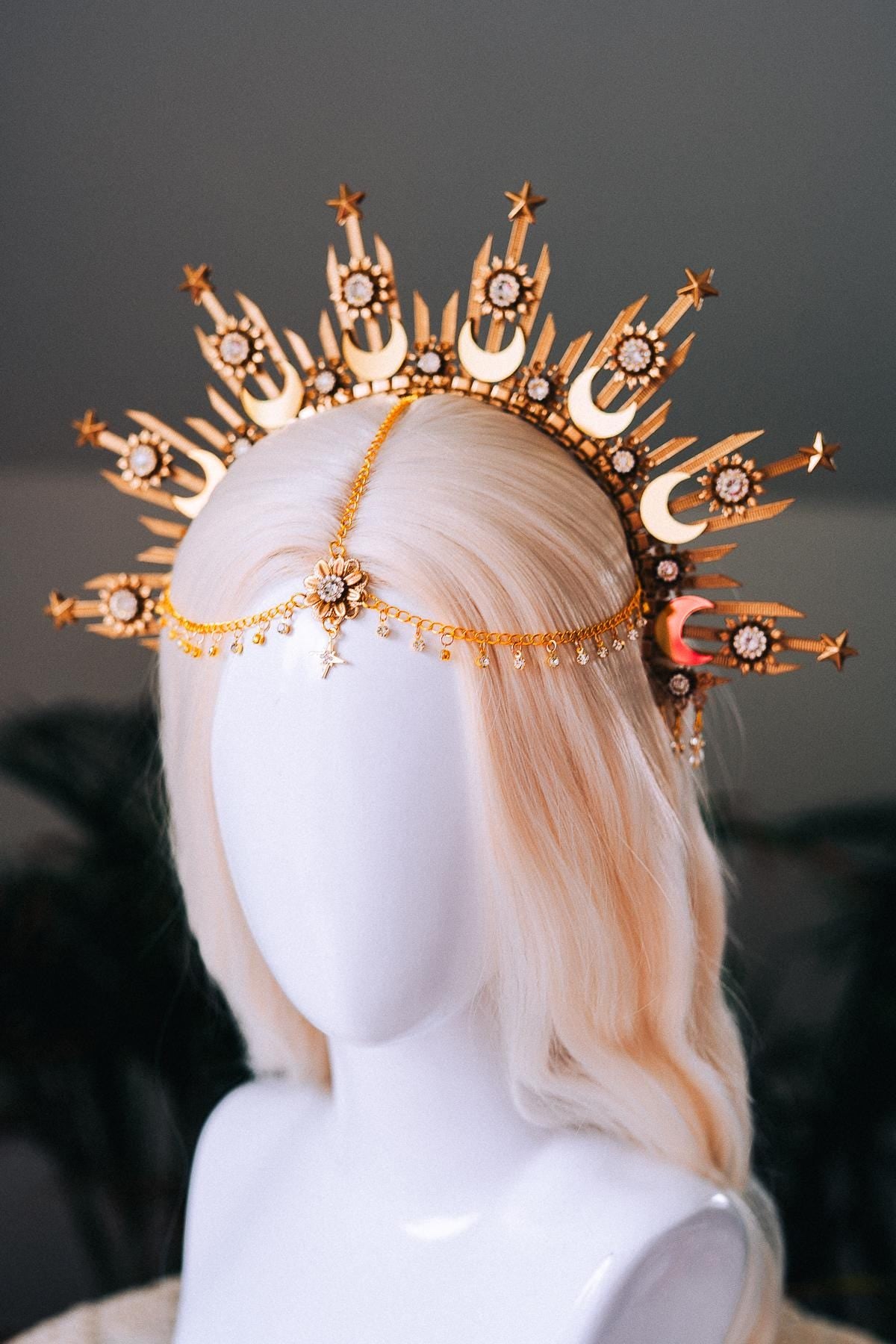 Moonchild Halo Crown Gold Stars Celestial Bridal Headpiece Wedding Goddess Tiara Boho Festival Costume