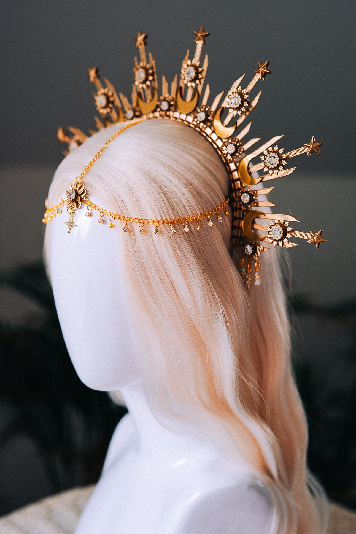 Moonchild Halo Crown Gold Stars Celestial Bridal Headpiece Wedding Goddess Tiara Boho Festival Costume