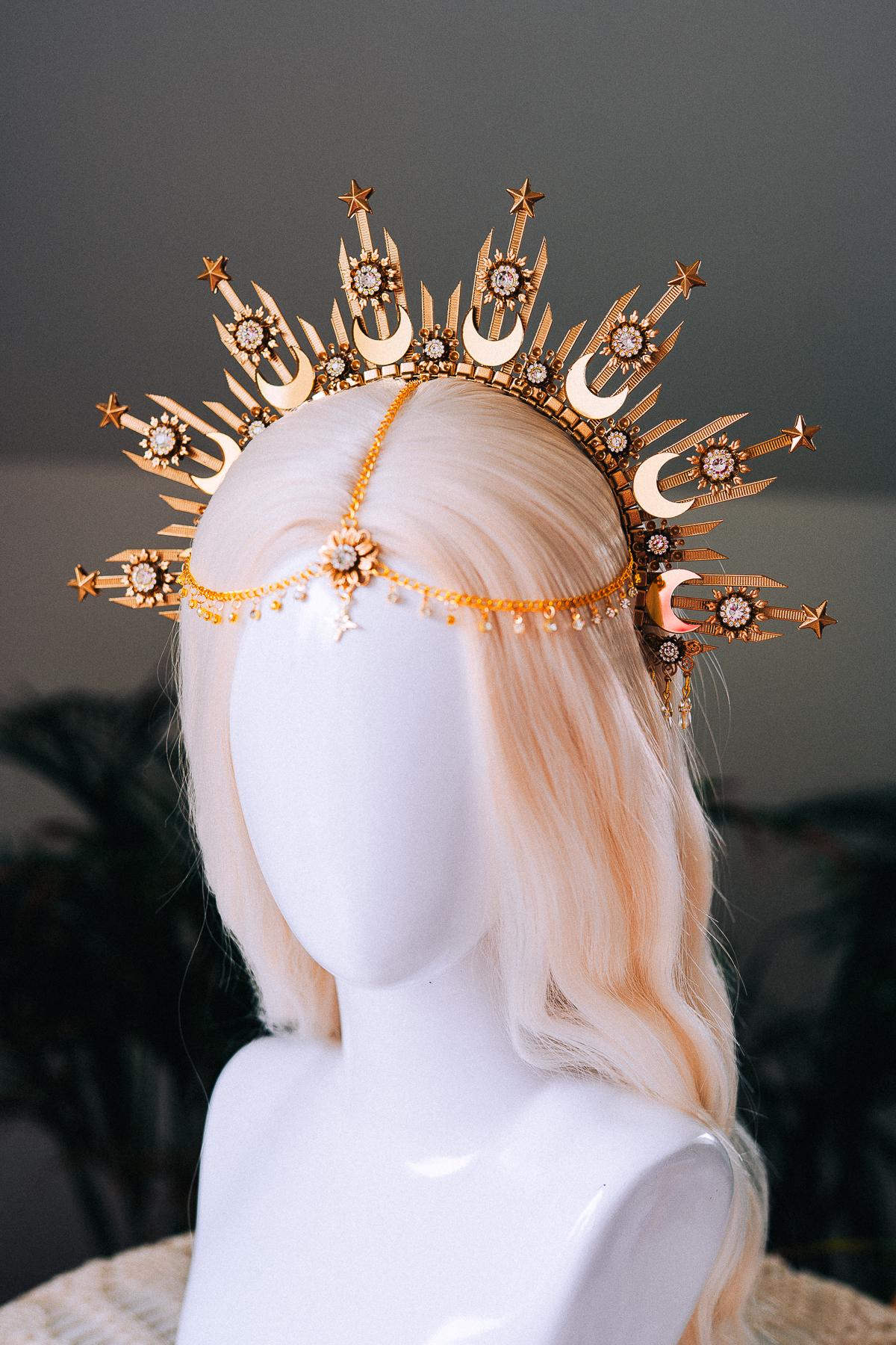 Moonchild Halo Crown Gold Stars Celestial Bridal Headpiece Wedding Goddess Tiara Boho Festival Costume