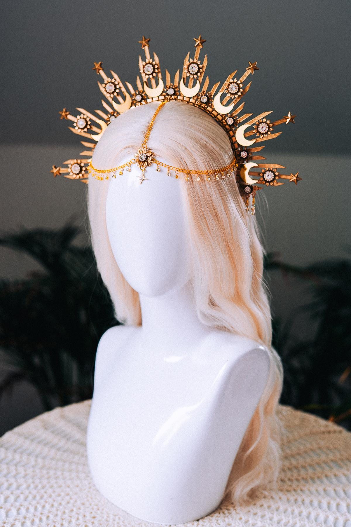 Moonchild Halo Crown Gold Stars Celestial Bridal Headpiece Wedding Goddess Tiara Boho Festival Costume