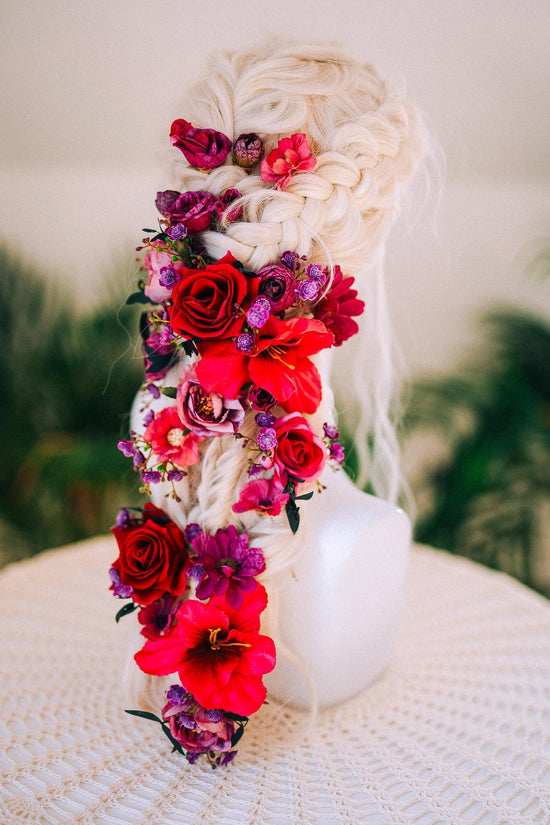 Fuchsia Flower Hairpins La Catrina Crown Accessories Headpiece Floral Boho Bridal Pink Hair Jewelry Festival Costume Halo