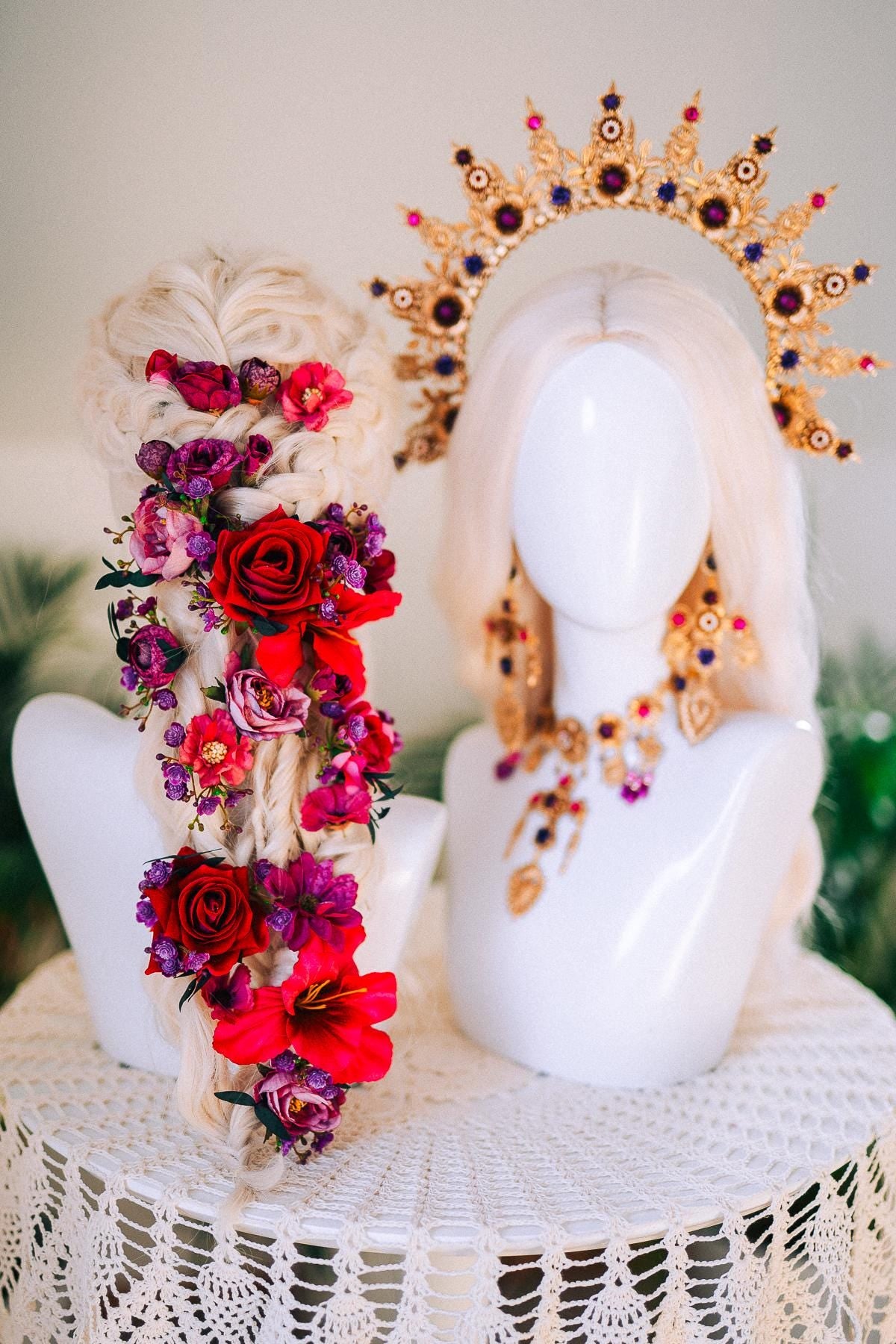 Fuchsia Flower Hairpins La Catrina Crown Accessories Headpiece Floral Boho Bridal Pink Hair Jewelry Festival Costume Halo