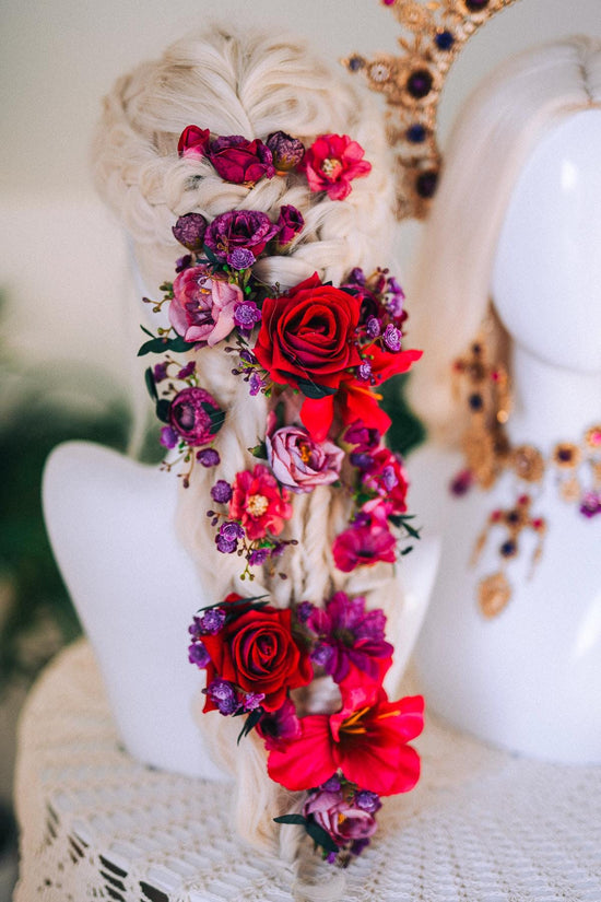 Fuchsia Flower Hairpins La Catrina Crown Accessories Headpiece Floral Boho Bridal Pink Hair Jewelry Festival Costume Halo