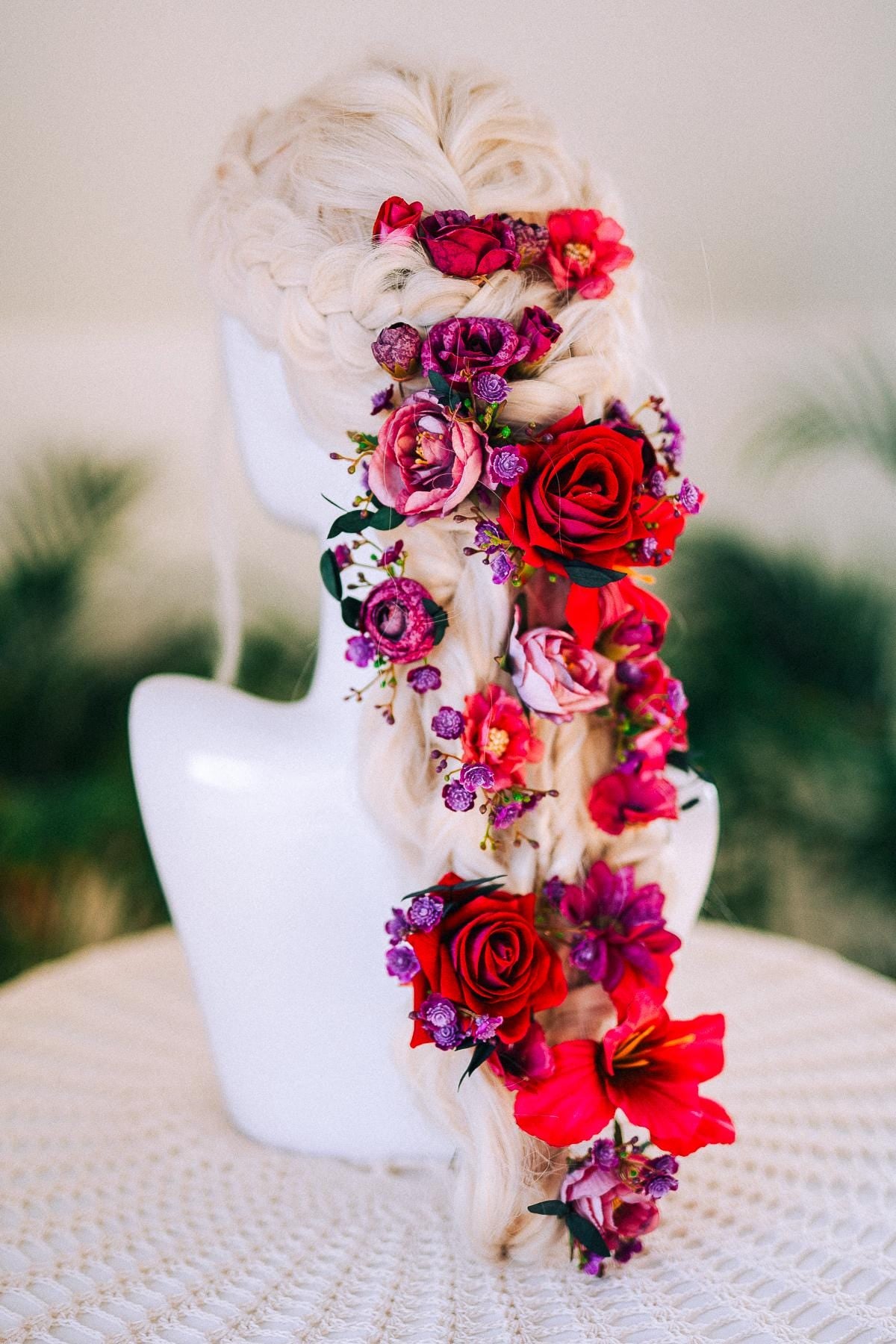 Fuchsia Flower Hairpins La Catrina Crown Accessories Headpiece Floral Boho Bridal Pink Hair Jewelry Festival Costume Halo