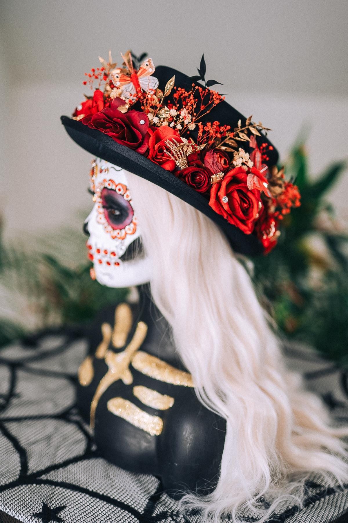 La Catrina Cylinder Hat Red Roses Gold Skeleton Hands Butterflies Unisex Día De Muertos Matching Crown Accessory