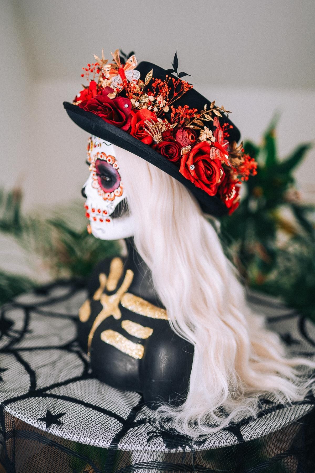 La Catrina Cylinder Hat Red Roses Gold Skeleton Hands Butterflies Unisex Día De Muertos Matching Crown Accessory