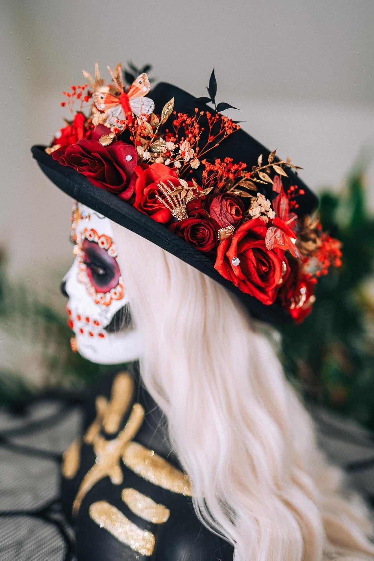 La Catrina Cylinder Hat Red Roses Gold Skeleton Hands Butterflies Unisex Día De Muertos Matching Crown Accessory