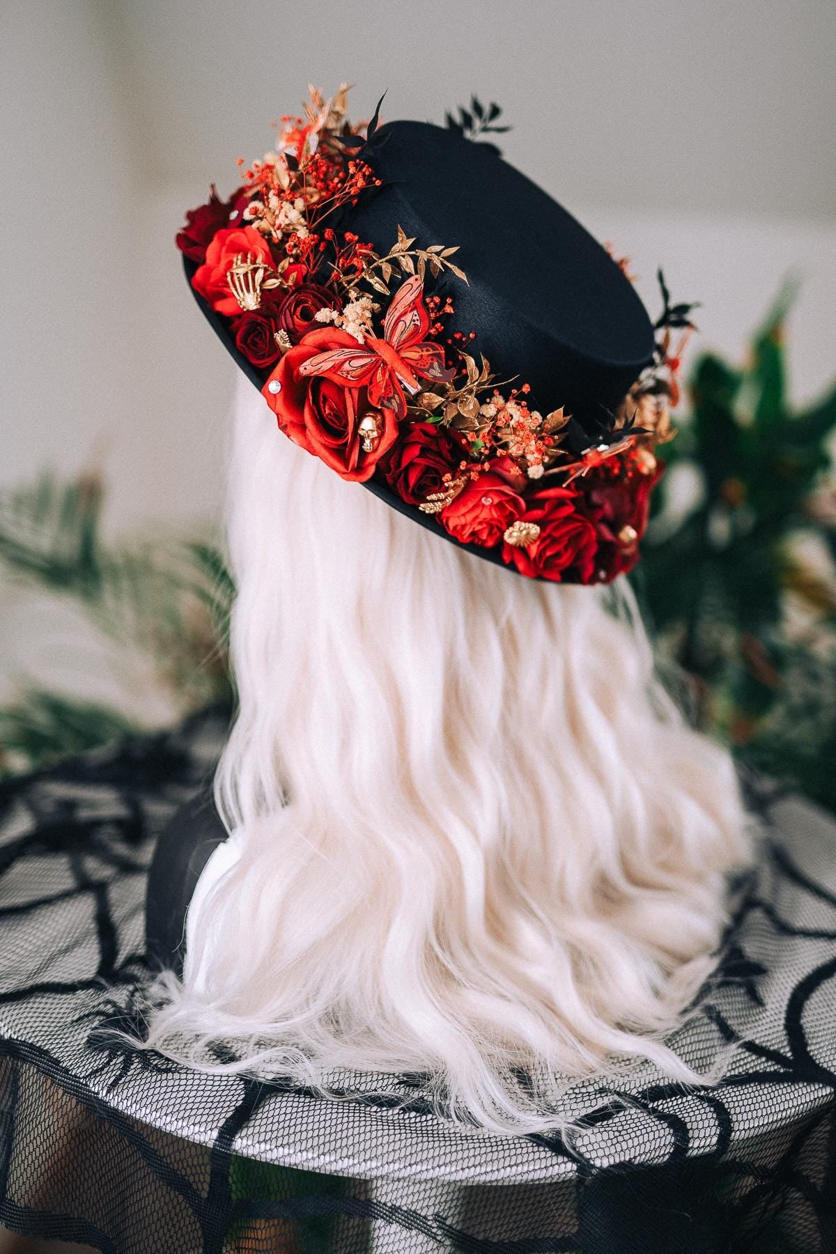 La Catrina Cylinder Hat Red Roses Gold Skeleton Hands Butterflies Unisex Día De Muertos Matching Crown Accessory