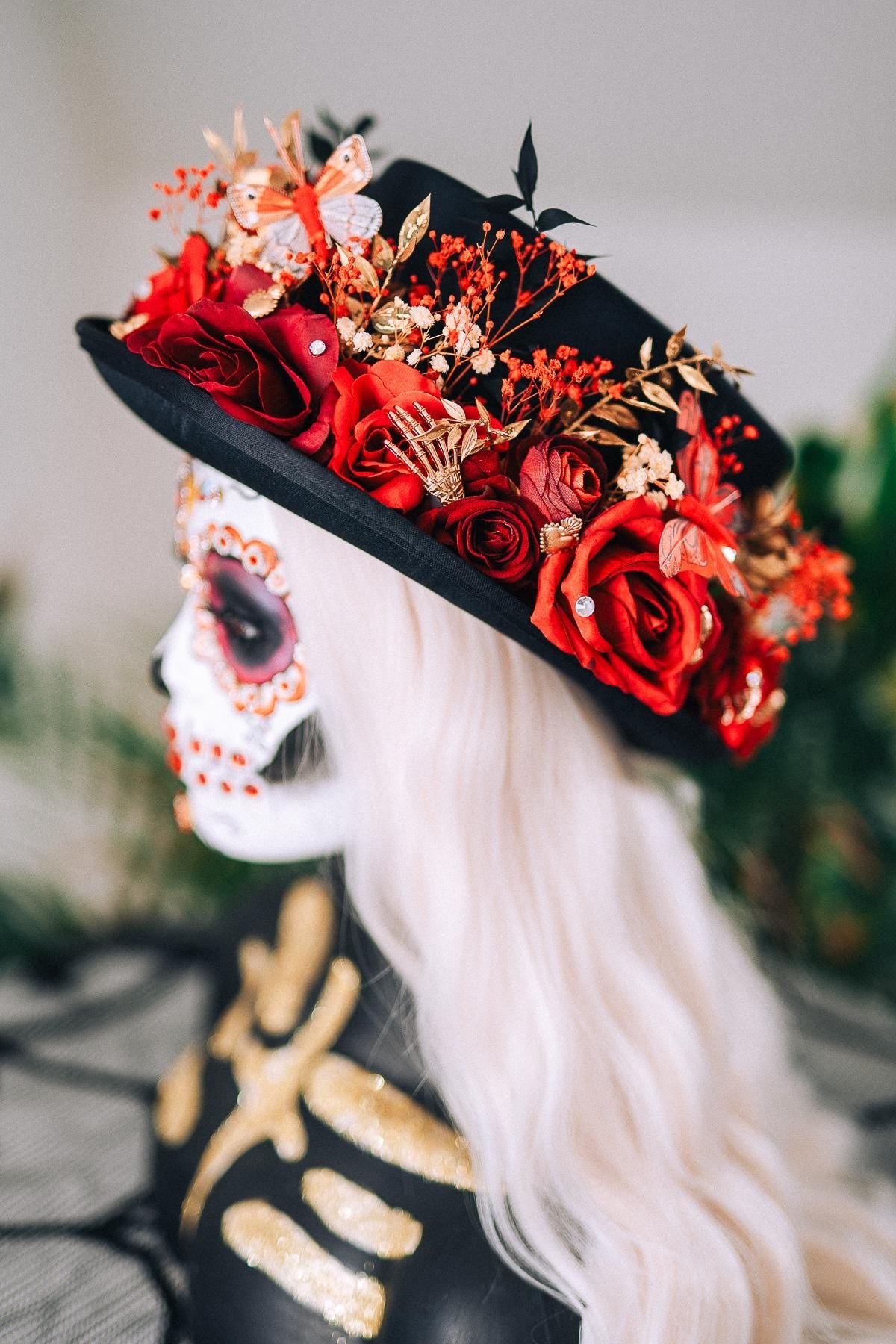 La Catrina Cylinder Hat Red Roses Gold Skeleton Hands Butterflies Unisex Día De Muertos Matching Crown Accessory