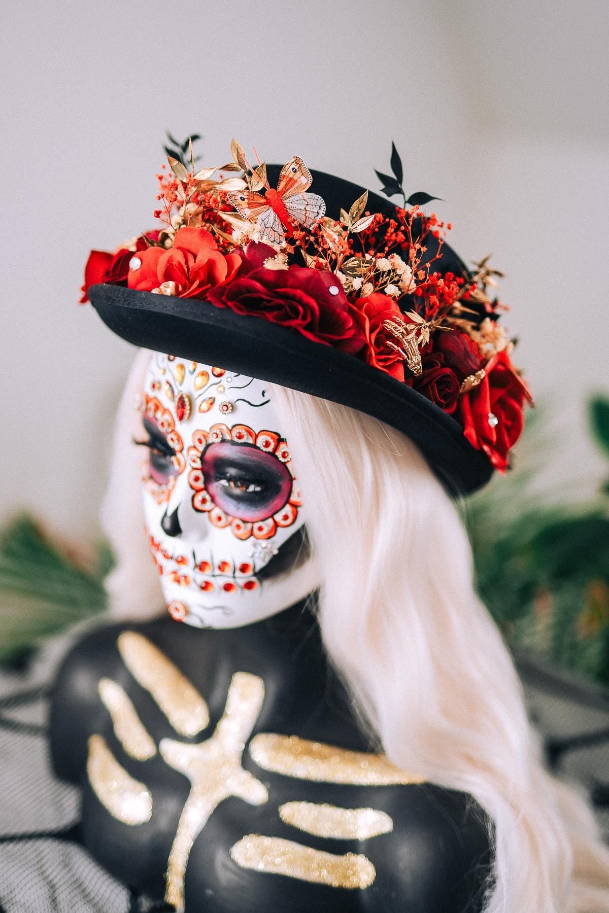 La Catrina Cylinder Hat Red Roses Gold Skeleton Hands Butterflies Unisex Día De Muertos Matching Crown Accessory