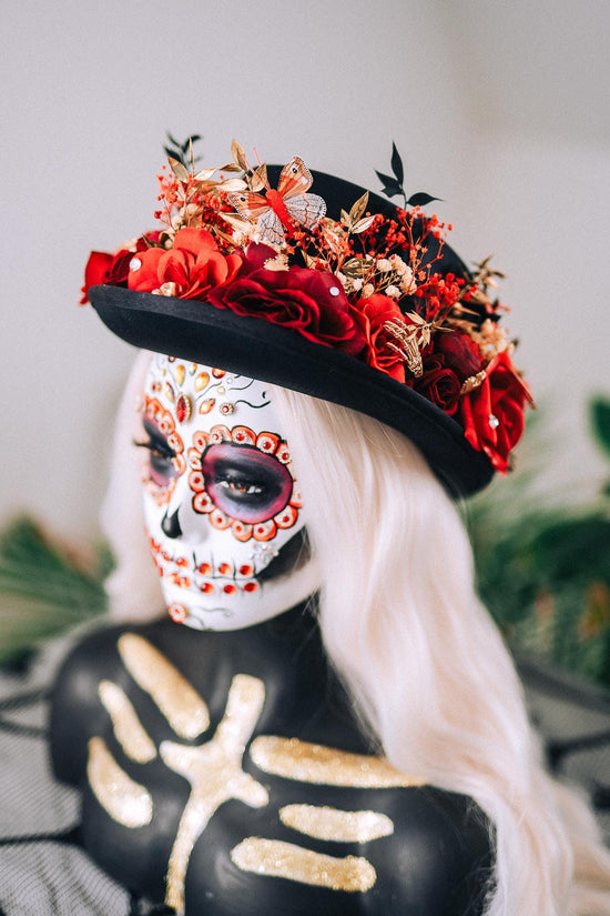 La Catrina Cylinder Hat Red Roses Gold Skeleton Hands Butterflies Unisex Día De Muertos Matching Crown Accessory