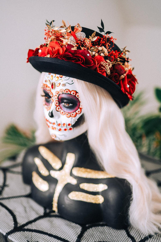 La Catrina Cylinder Hat Red Roses Gold Skeleton Hands Butterflies Unisex Día De Muertos Matching Crown Accessory