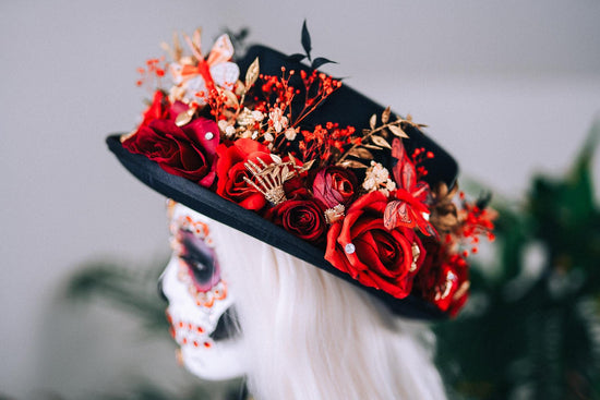 La Catrina Cylinder Hat Red Roses Gold Skeleton Hands Butterflies Unisex Día De Muertos Matching Crown Accessory