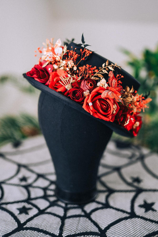 La Catrina Cylinder Hat Red Roses Gold Skeleton Hands Butterflies Unisex Día De Muertos Matching Crown Accessory