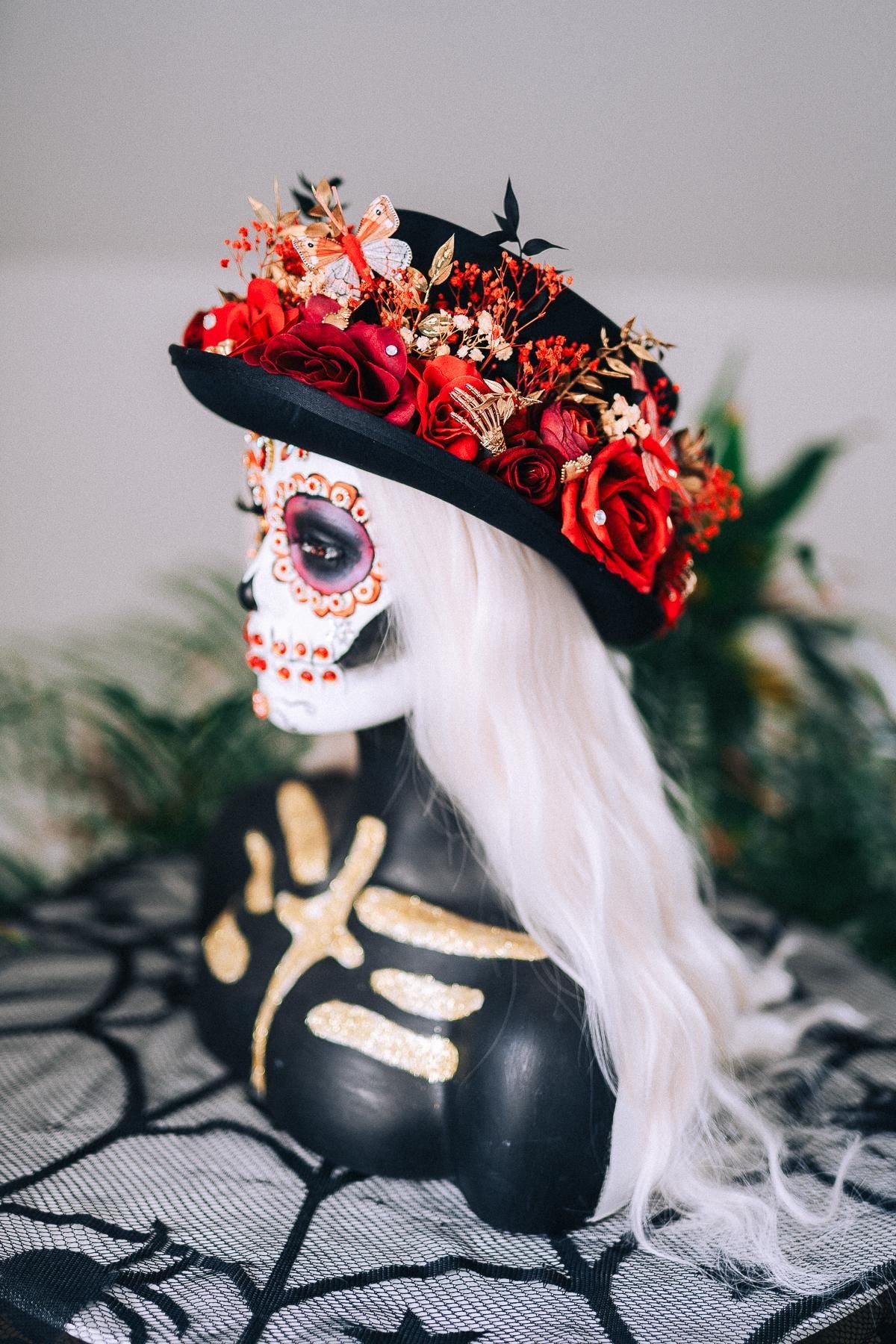 La Catrina Cylinder Hat Red Roses Gold Skeleton Hands Butterflies Unisex Día De Muertos Matching Crown Accessory