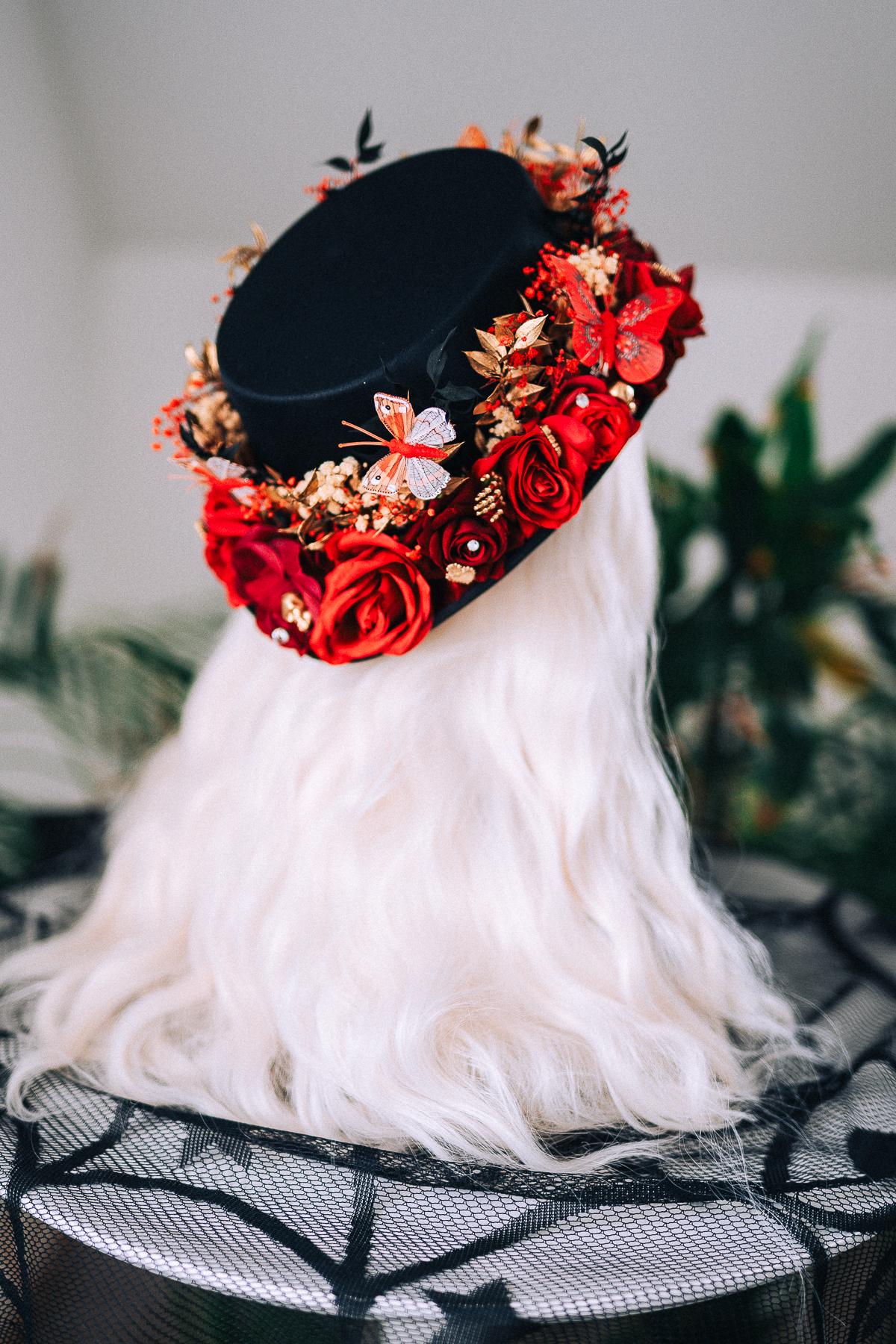 La Catrina Cylinder Hat Red Roses Gold Skeleton Hands Butterflies Unisex Día De Muertos Matching Crown Accessory