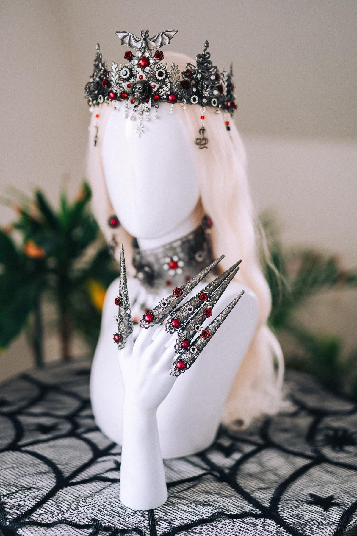 Vampire Queen Crown Gothic Bat Skull Red Roses Filigree Black Silver Halloween Tiara Dark Royal Headpiece Festival Costume