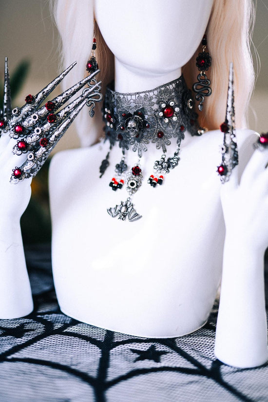 Vampire Queen Choker Gothic Lace Skull Bat Red Crystals Black Silver Necklace Halloween Dark Royal Jewelry