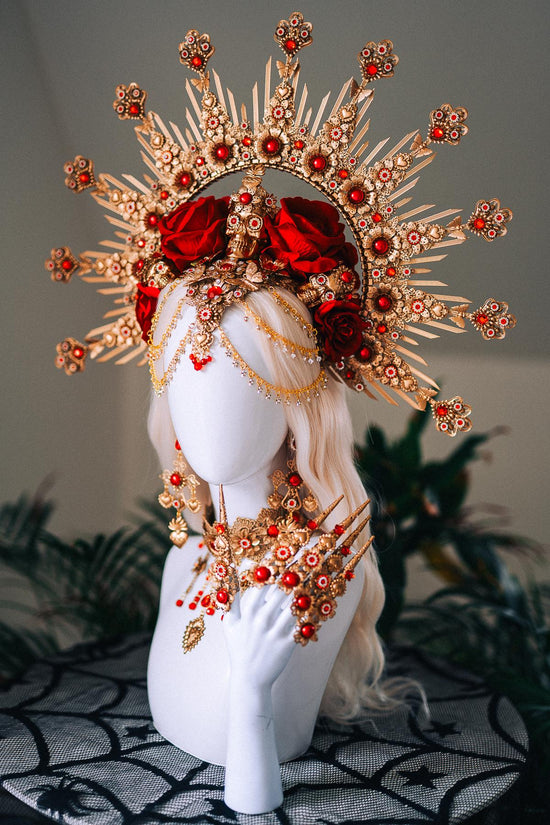 La Catrina Red Gold Halo Crown Skull Roses Sacred Heart Headdress Mexican Goddess Costume Headpiece