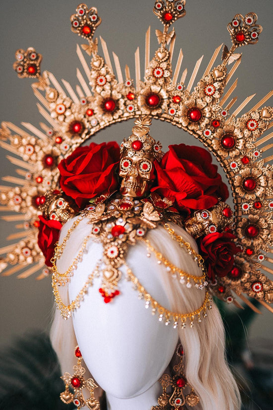 La Catrina Red Gold Halo Crown Skull Roses Sacred Heart Headdress Mexican Goddess Costume Headpiece