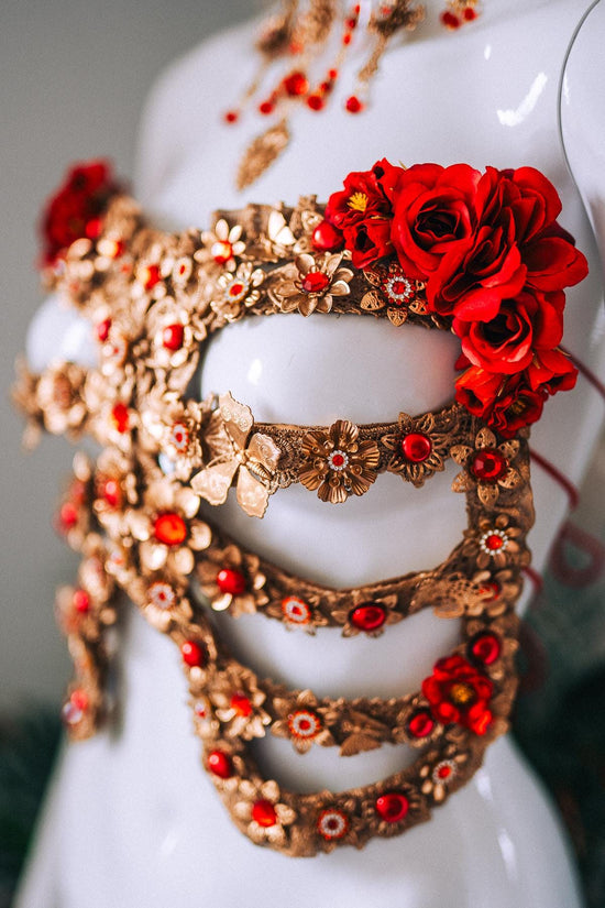 La Catrina Red Gold Halo Crown Skull Roses Sacred Heart Headdress Mexican Goddess Costume Headpiece