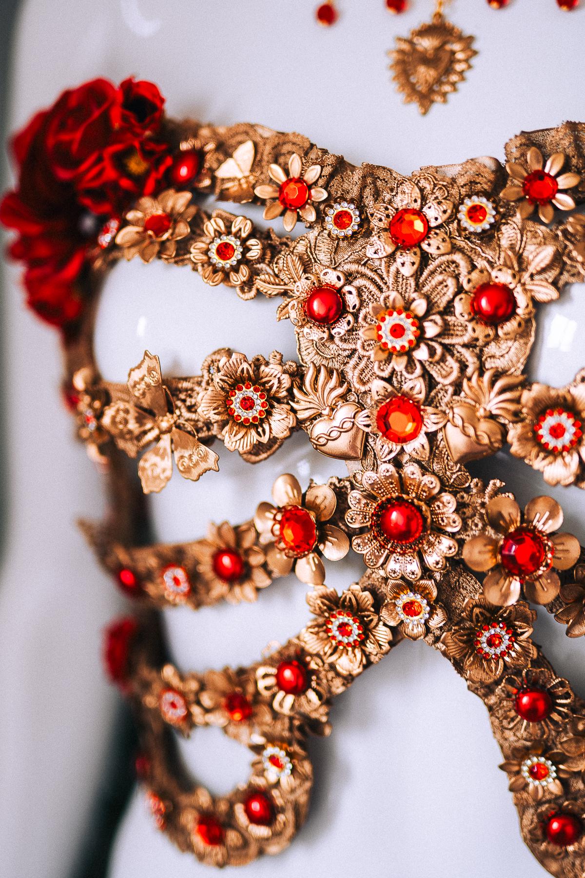 La Catrina Red Gold Halo Crown Skull Roses Sacred Heart Headdress Mexican Goddess Costume Headpiece