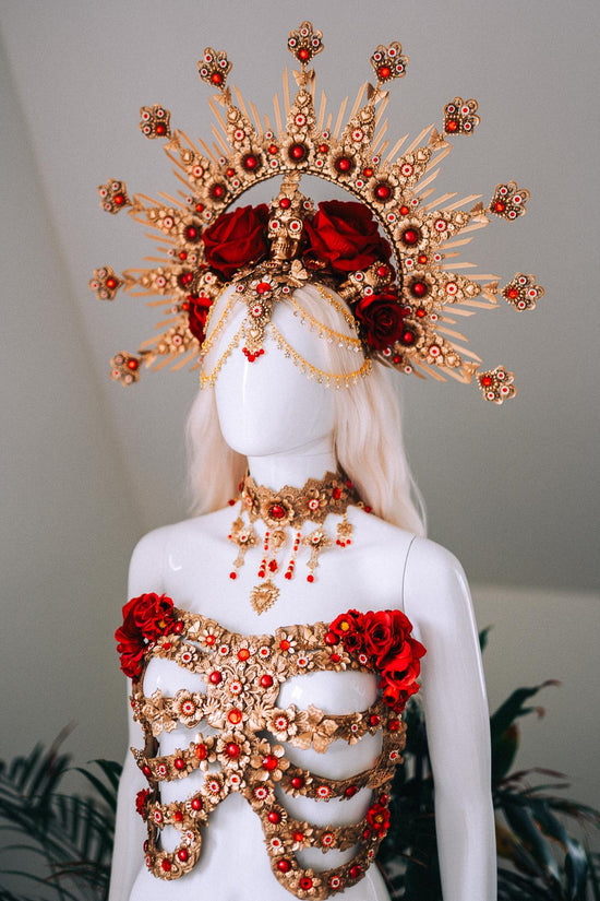 La Catrina Red Gold Choker Sacred Heart Necklace Gothic Cross Jewelry Mexican Goddess Accessory