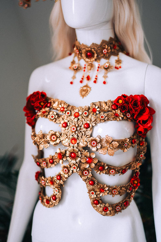 La Catrina Red Gold Choker Sacred Heart Necklace Gothic Cross Jewelry Mexican Goddess Accessory