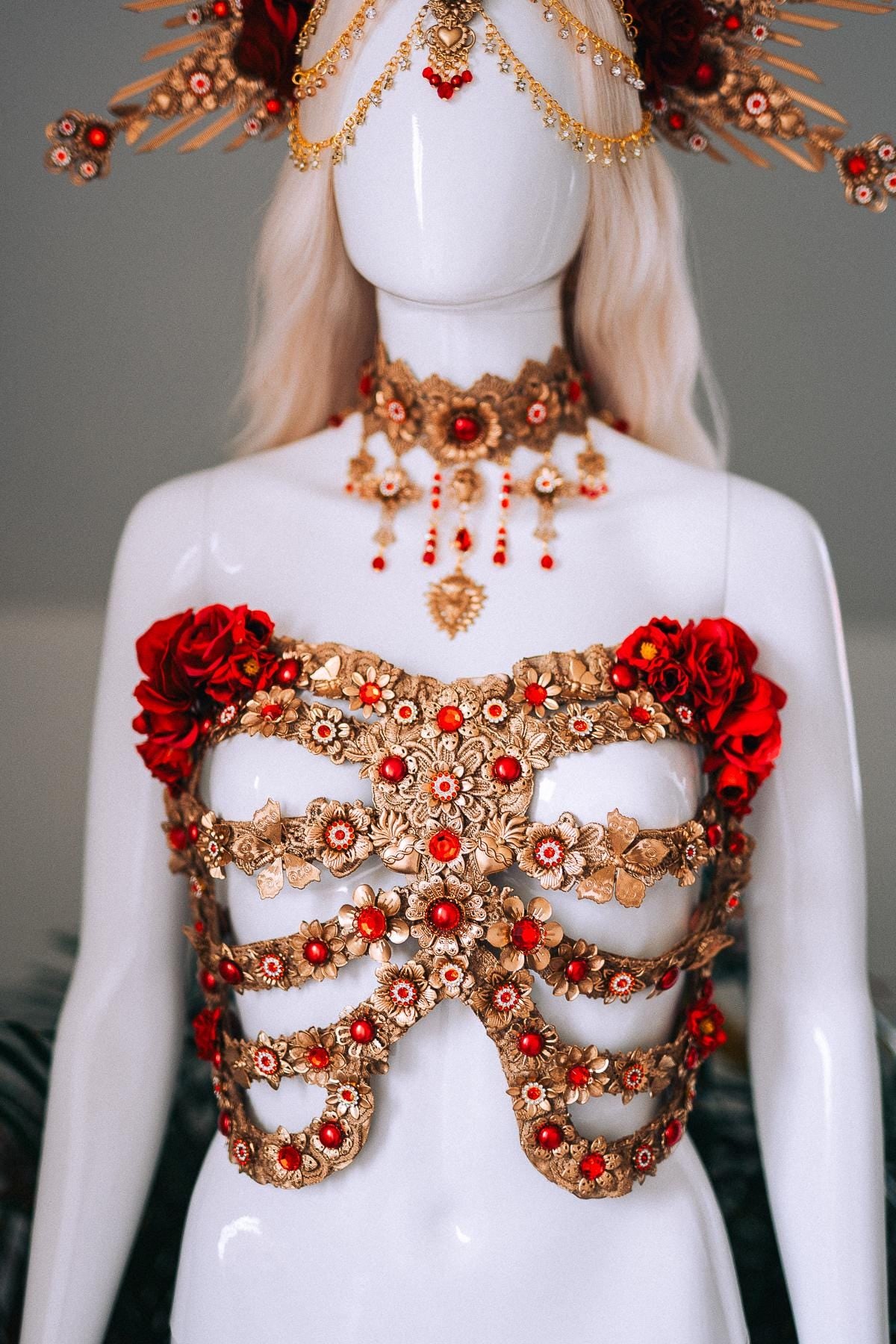 La Catrina Red Gold Choker Sacred Heart Necklace Gothic Cross Jewelry Mexican Goddess Accessory