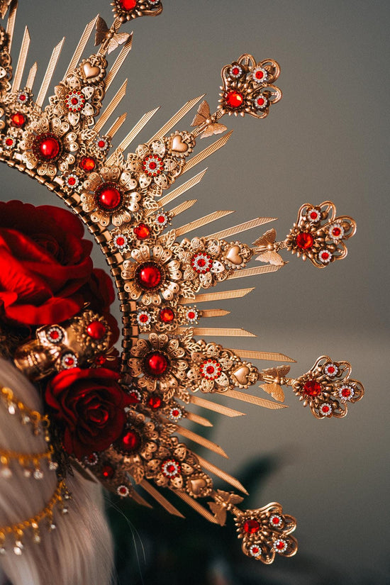 La Catrina Red Gold Earrings Sacred Heart Cross Gothic Jewelry Mexican Goddess Statement Accessory