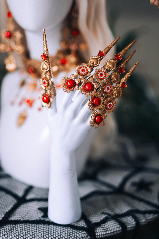 La Catrina Red Gold Earrings Sacred Heart Cross Gothic Jewelry Mexican Goddess Statement Accessory