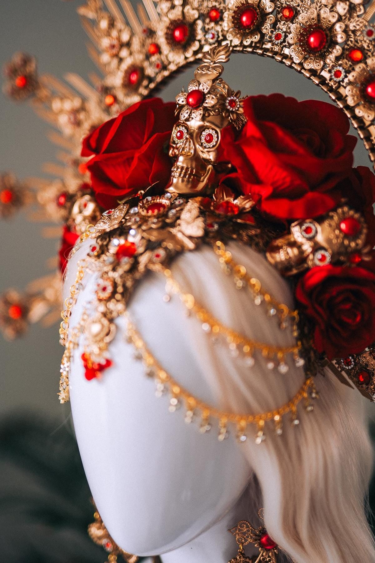 La Catrina Red Gold Finger Claws Roses Sacred Heart Gothic Hand Jewelry Mexican Goddess Accessories