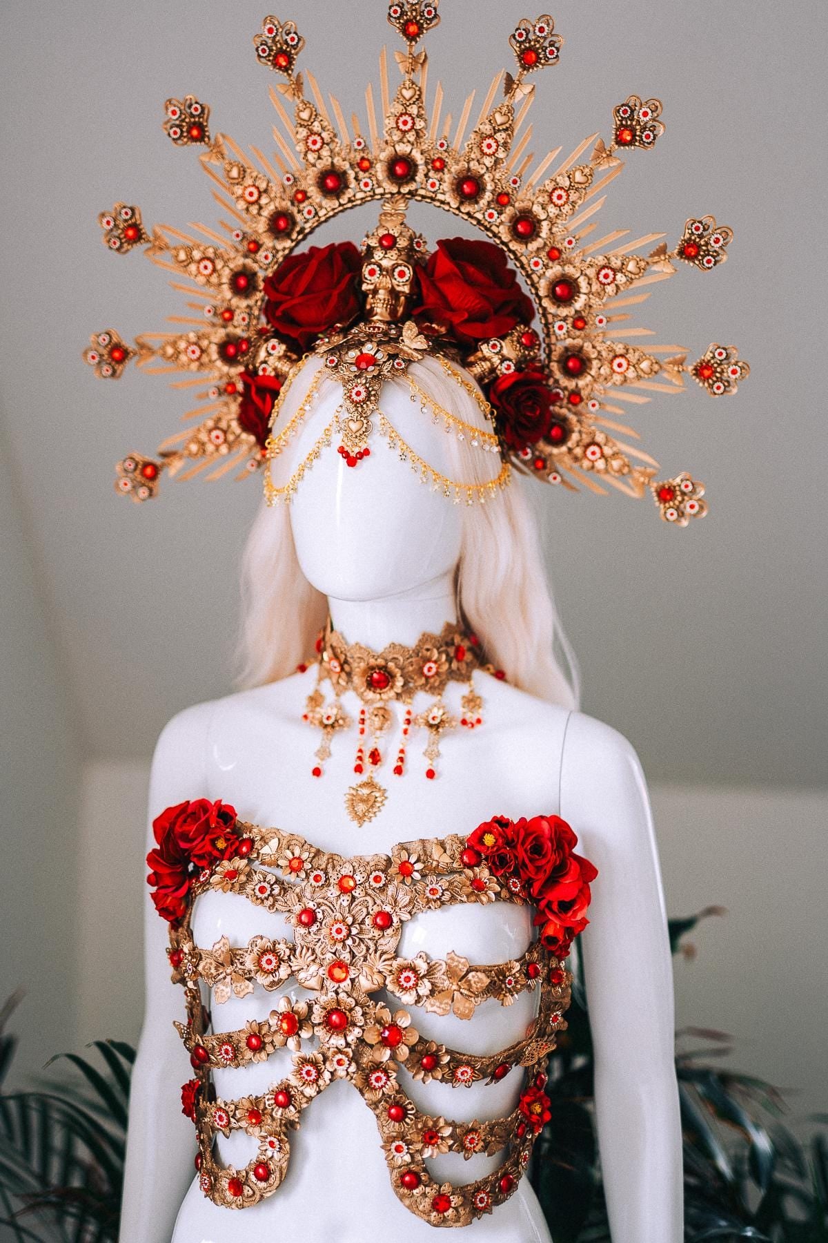 La Catrina Red Gold Finger Claws Roses Sacred Heart Gothic Hand Jewelry Mexican Goddess Accessories