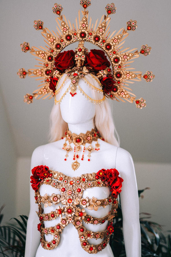 La Catrina Red Gold Finger Claws Roses Sacred Heart Gothic Hand Jewelry Mexican Goddess Accessories