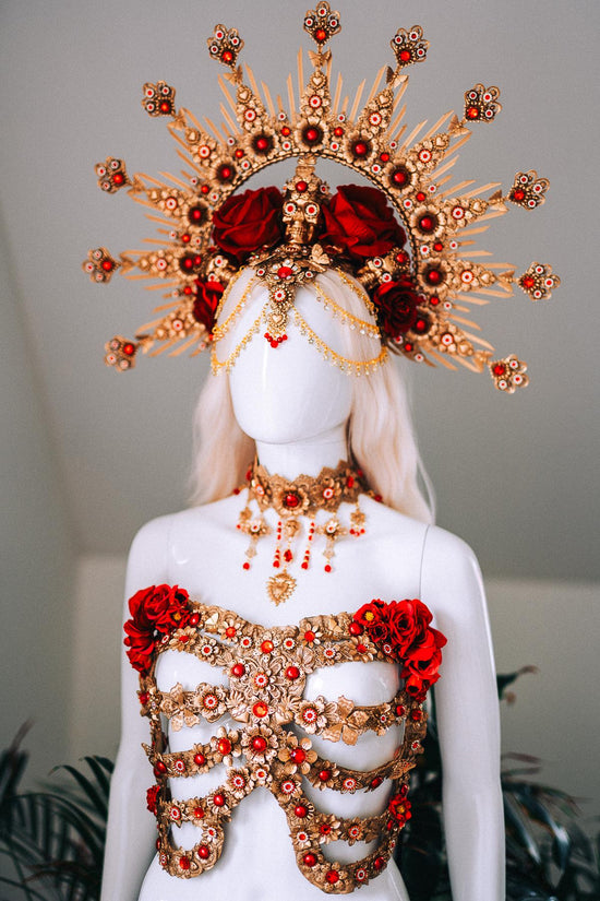 La Catrina Red Gold Finger Claws Roses Sacred Heart Gothic Hand Jewelry Mexican Goddess Accessories