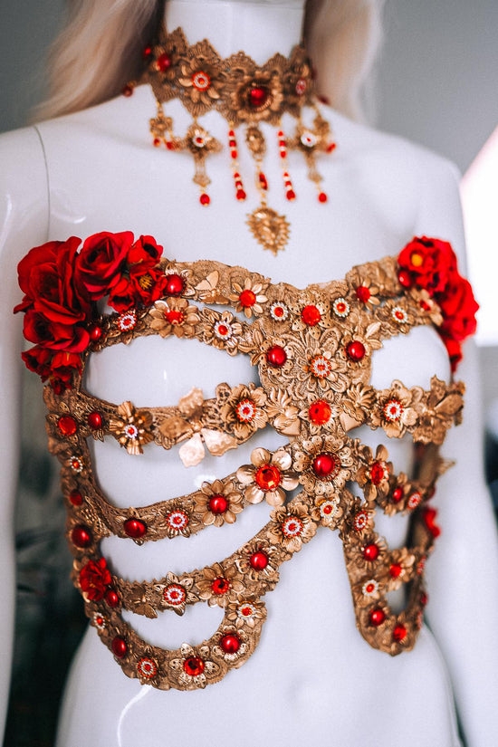 La Catrina Red Gold Ribs Sacred Heart Body Armor Gothic Costume Mexican Goddess Sculpture Piece