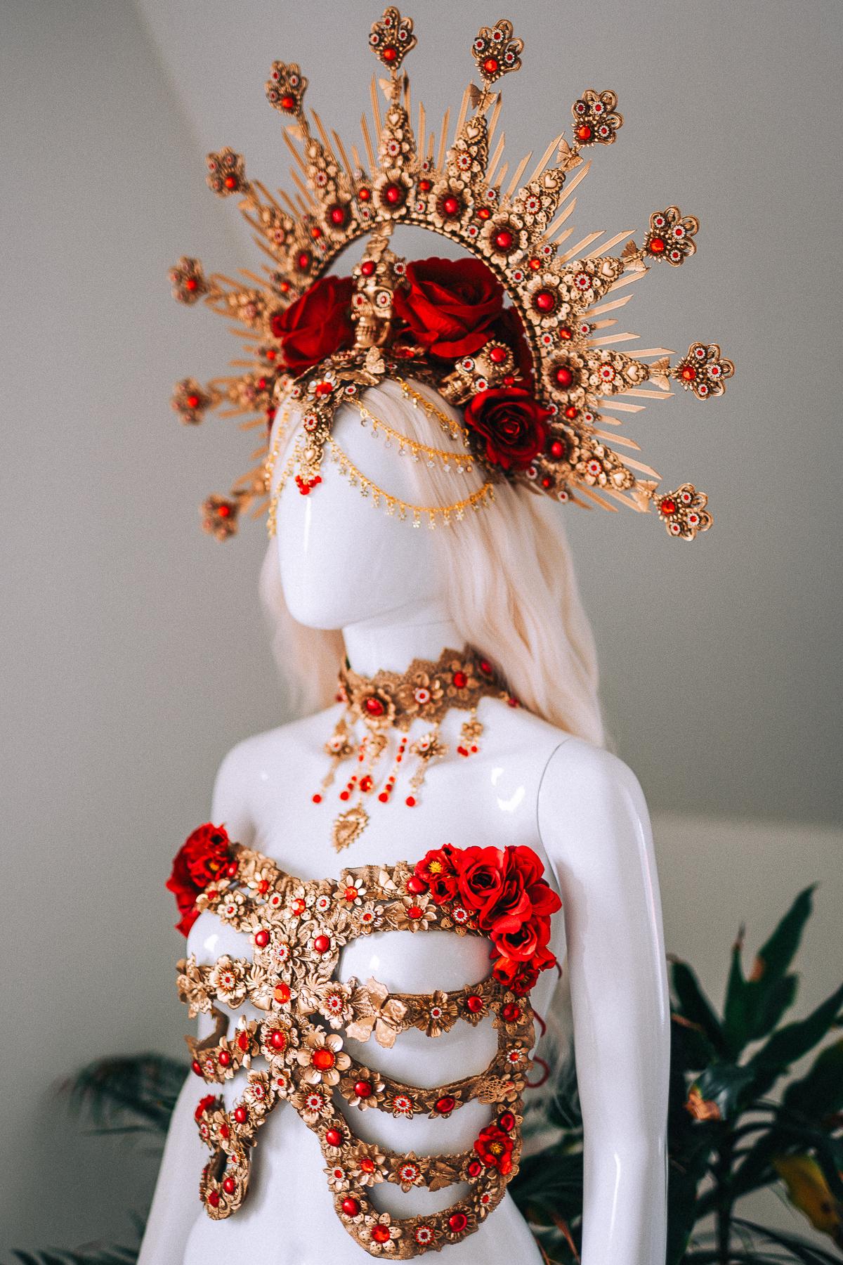 La Catrina Red Gold Ribs Sacred Heart Body Armor Gothic Costume Mexican Goddess Sculpture Piece