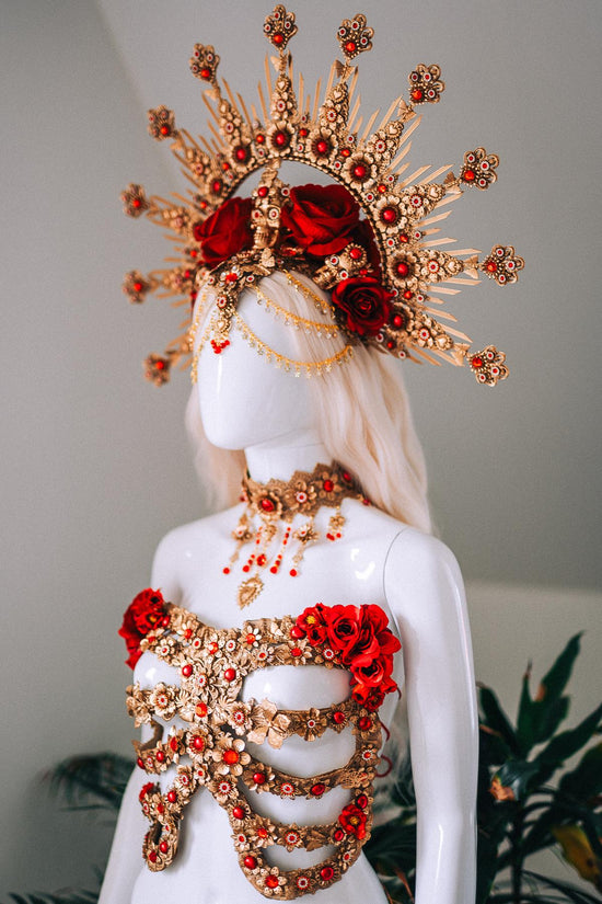 La Catrina Red Gold Ribs Sacred Heart Body Armor Gothic Costume Mexican Goddess Sculpture Piece