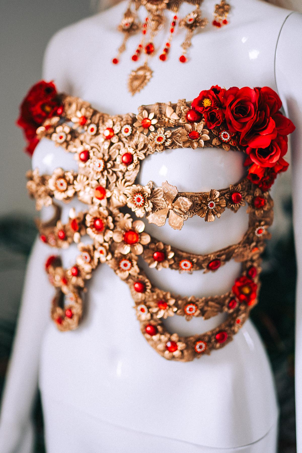 La Catrina Red Gold Ribs Sacred Heart Body Armor Gothic Costume Mexican Goddess Sculpture Piece